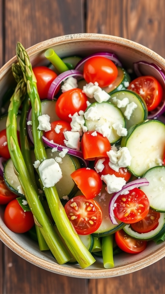A colorful asparagus and zucchini salad with cherry tomatoes and feta on a wooden table.